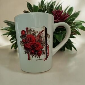 Handcrafted Floral White Mug with Red Rose Accents
